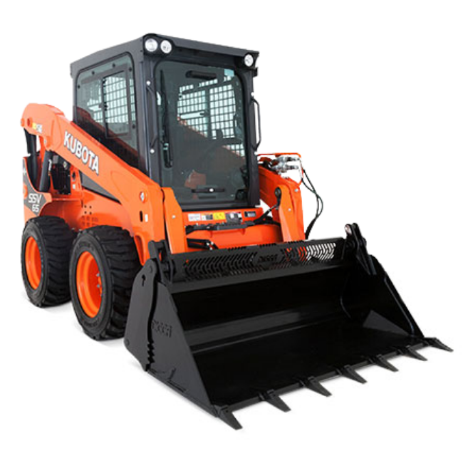 Kubota SSV65 skid steer loader with root rake bucket – essential equipment for site clearing and grading by Outta Bounds Excavation services.